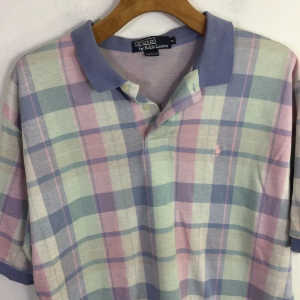 Polo by Ralph Lauren Mens Vintage 90’s Polo Shirt Pastel Pink Blue Plaid Size XL